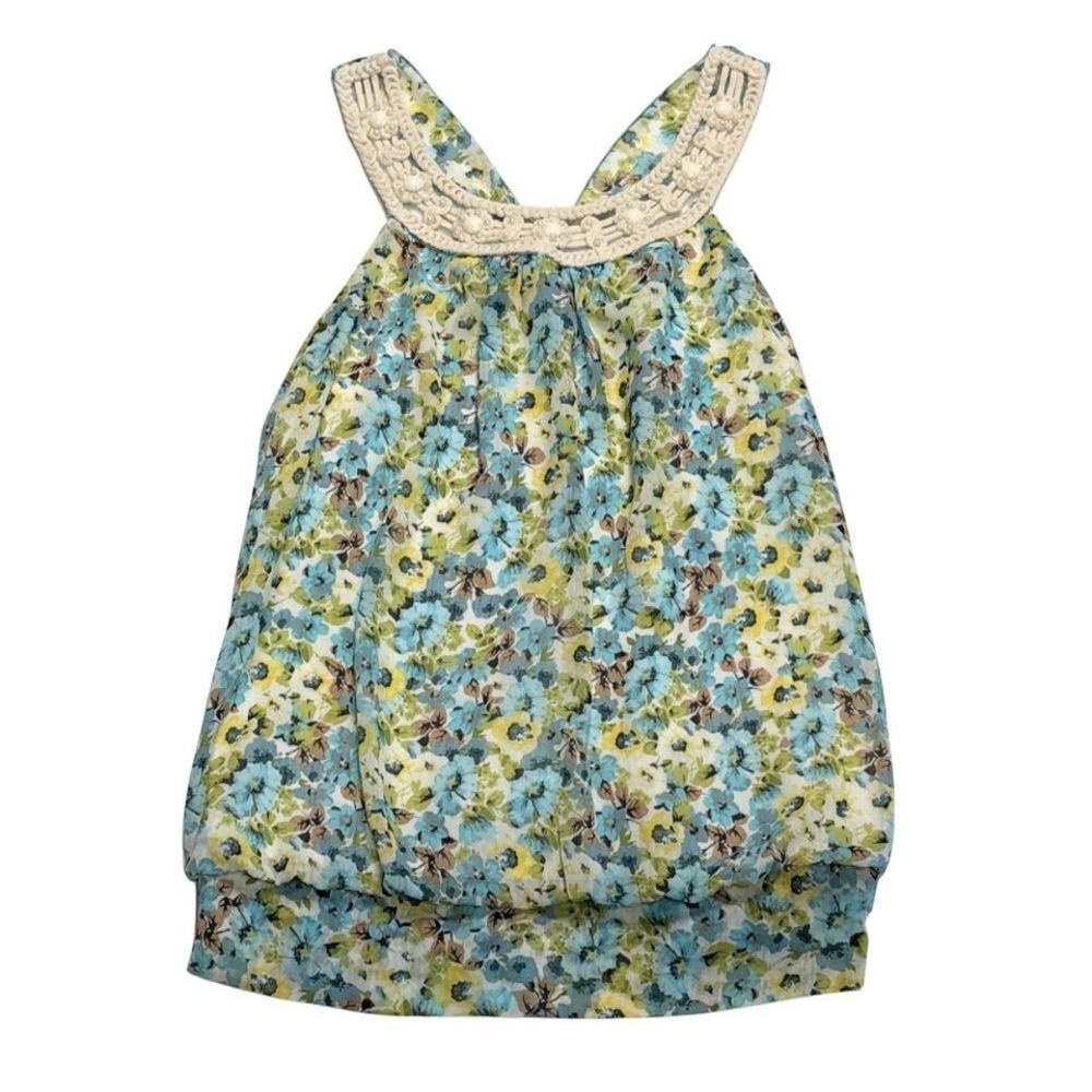 Y2K Iz Byer women's bubble hem floral beaded boho chiffon tank top smocked hem